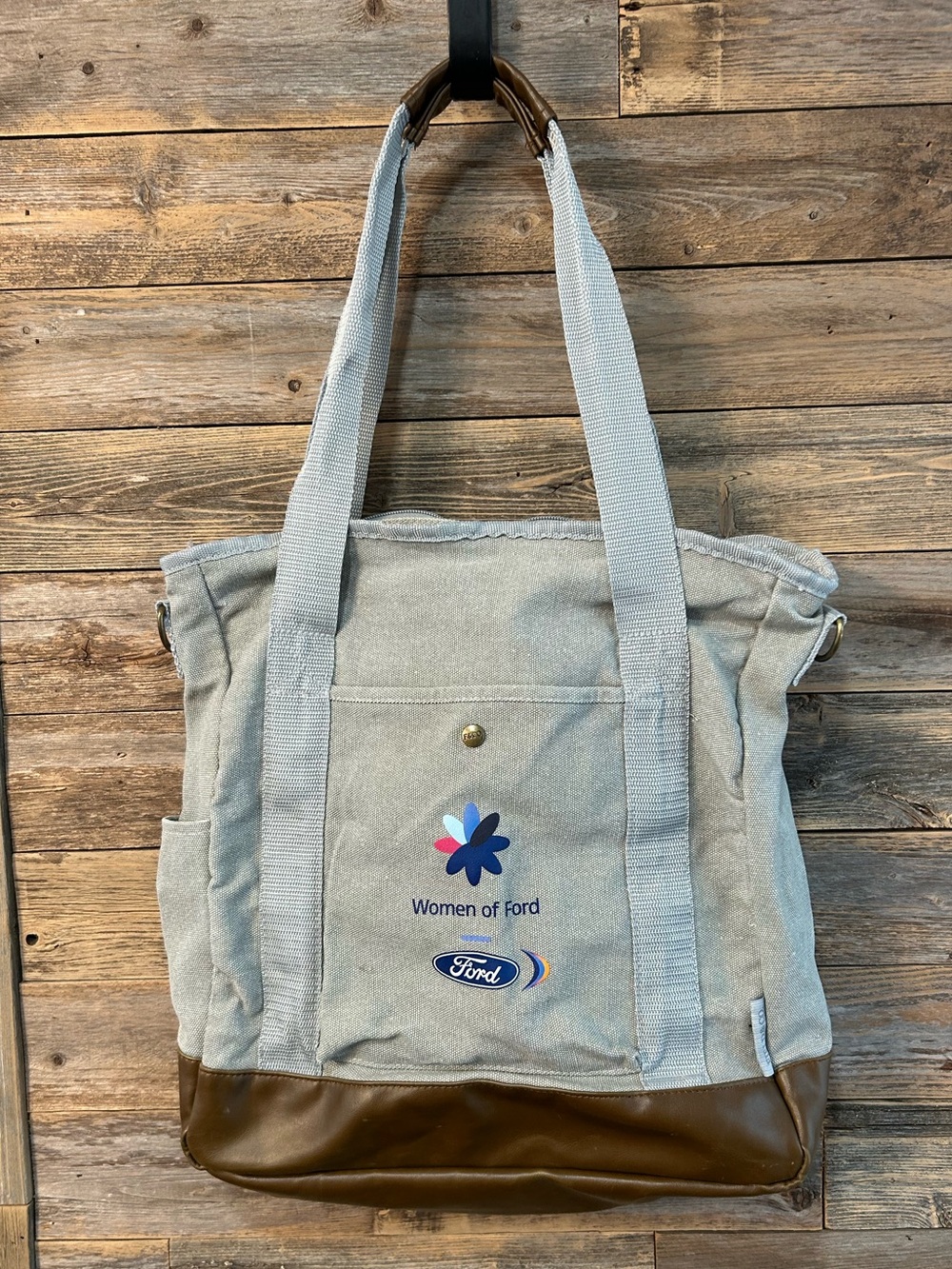 Women of Ford Light Gray Canvas Tote with Brown Trim